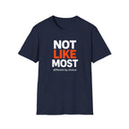 Navy blue t-shirt with 'Not Like Most, different by choice' text on a white background