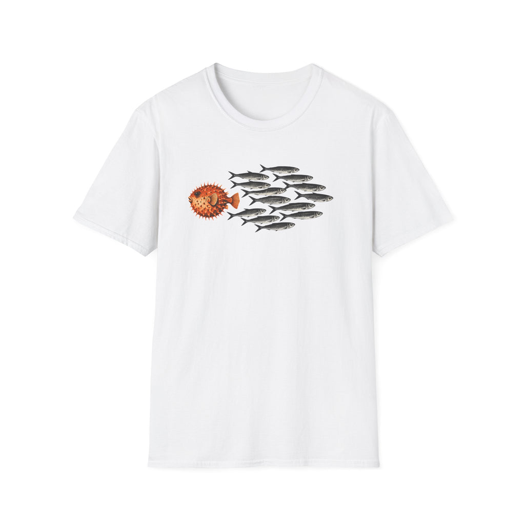 white Minimal graphic design featuring a bold orange pufferfish swimming in the opposite direction of a school of black sardines on a plain background.