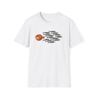 white Minimal graphic design featuring a bold orange pufferfish swimming in the opposite direction of a school of black sardines on a plain background.