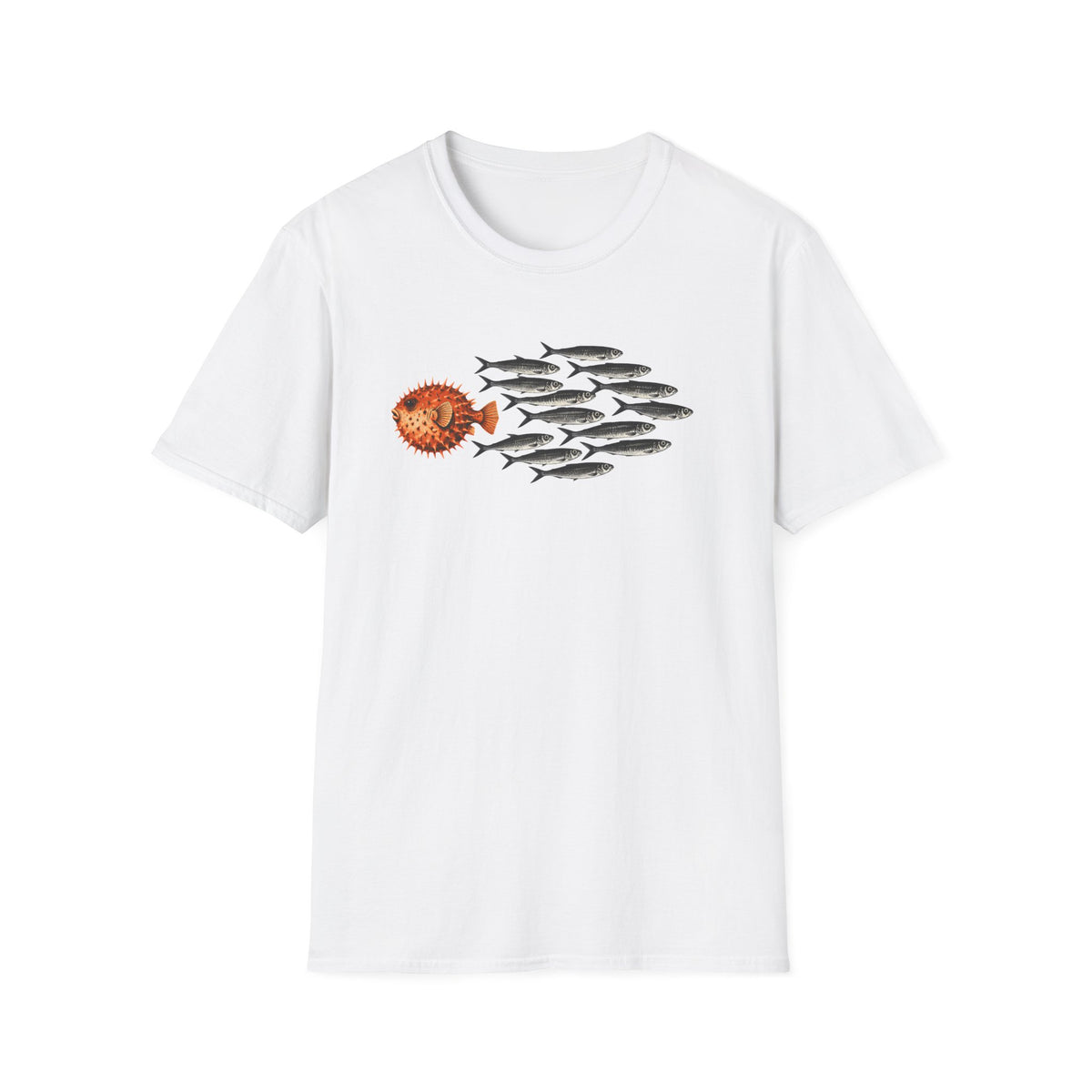 white Minimal graphic design featuring a bold orange pufferfish swimming in the opposite direction of a school of black sardines on a plain background.