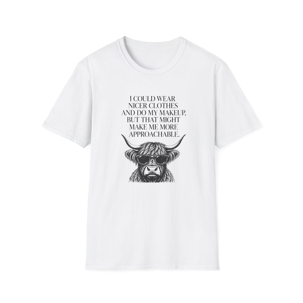 Funny introvert T-shirt design featuring a Highland cow wearing sunglasses, black vintage-style illustration, and the quote "I could wear nicer clothes and do my makeup, but that might make me more approachable."
