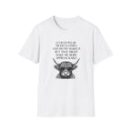 Funny introvert T-shirt design featuring a Highland cow wearing sunglasses, black vintage-style illustration, and the quote "I could wear nicer clothes and do my makeup, but that might make me more approachable."