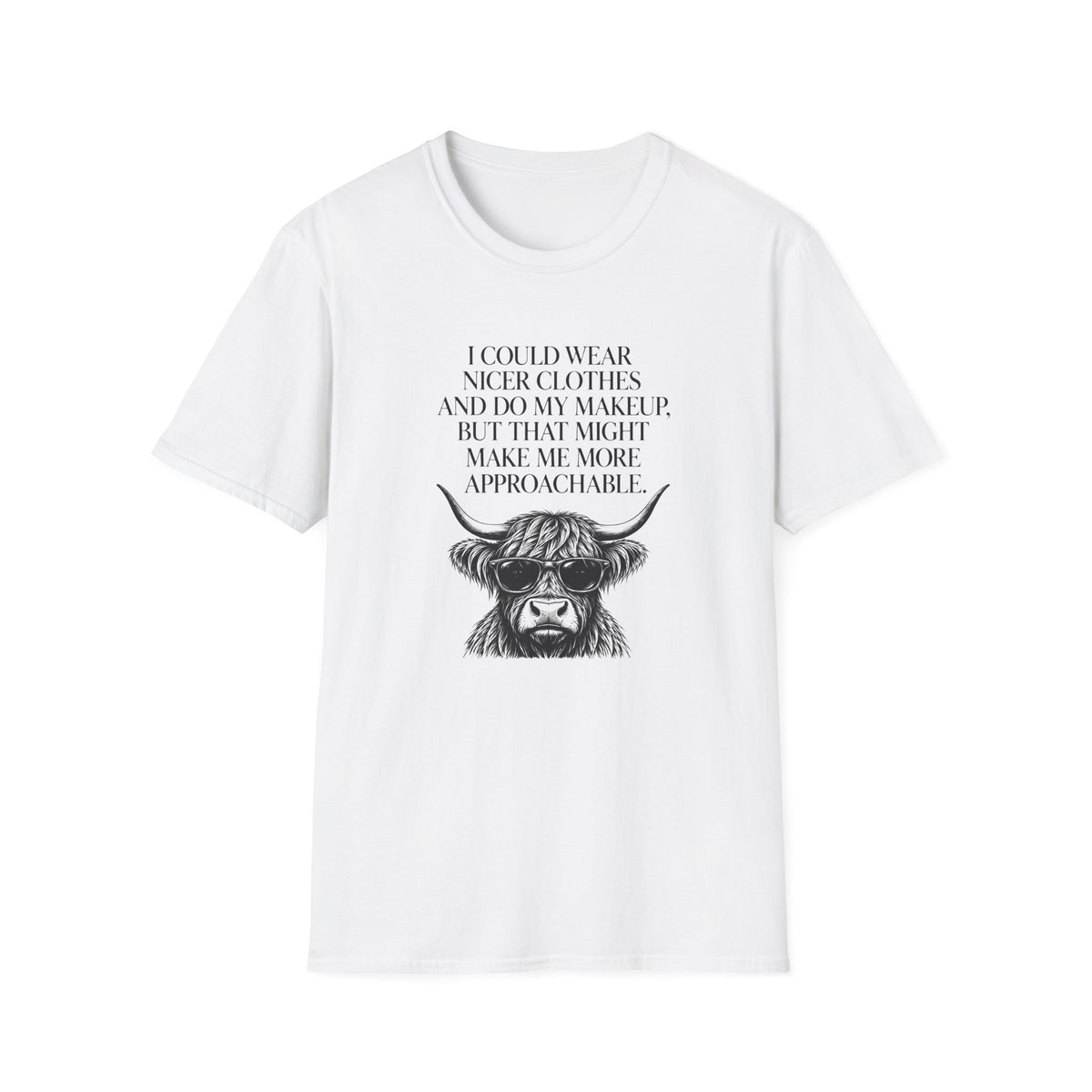 Funny introvert T-shirt design featuring a Highland cow wearing sunglasses, black vintage-style illustration, and the quote "I could wear nicer clothes and do my makeup, but that might make me more approachable."