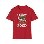 A red short-sleeve crewneck t-shirt featuring a cartoon graphic of a bowl of ramen wearing sunglasses and waving, with the text 'I BRING MY OWN FOOD' printed on the front.