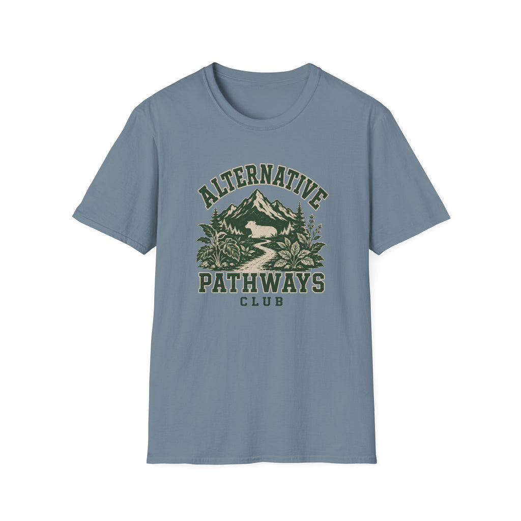 A dusty blue crewneck t-shirt featuring a vintage-style green graphic on the front with the text 'ALTERNATIVE PATHWAYS CLUB' and an illustration of a mountain, trees, and a deer.