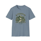 A dusty blue crewneck t-shirt featuring a vintage-style green graphic on the front with the text 'ALTERNATIVE PATHWAYS CLUB' and an illustration of a mountain, trees, and a deer.