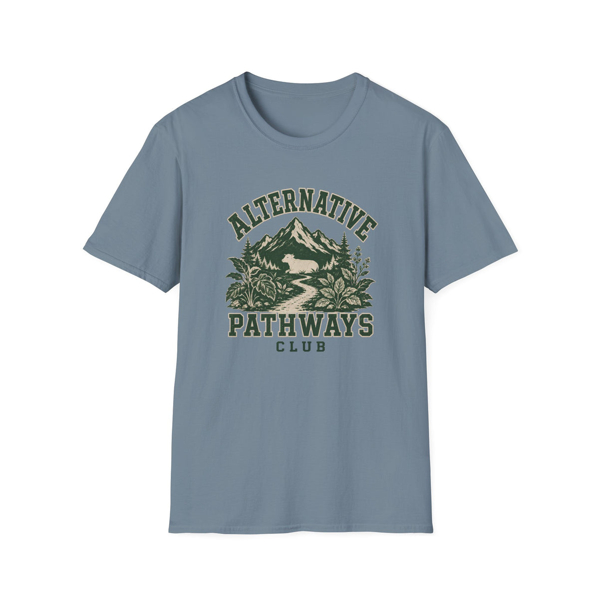 A dusty blue crewneck t-shirt featuring a vintage-style green graphic on the front with the text 'ALTERNATIVE PATHWAYS CLUB' and an illustration of a mountain, trees, and a deer.
