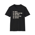 Black graphic T-shirt design with cream numbered text reading What If, Remember That Thing, Don’t Forget, Why Did I Say That and Start Over, with Thought Queue underneath.