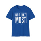 Royal Blue t-shirt with 'Not Like Most' text on a white background