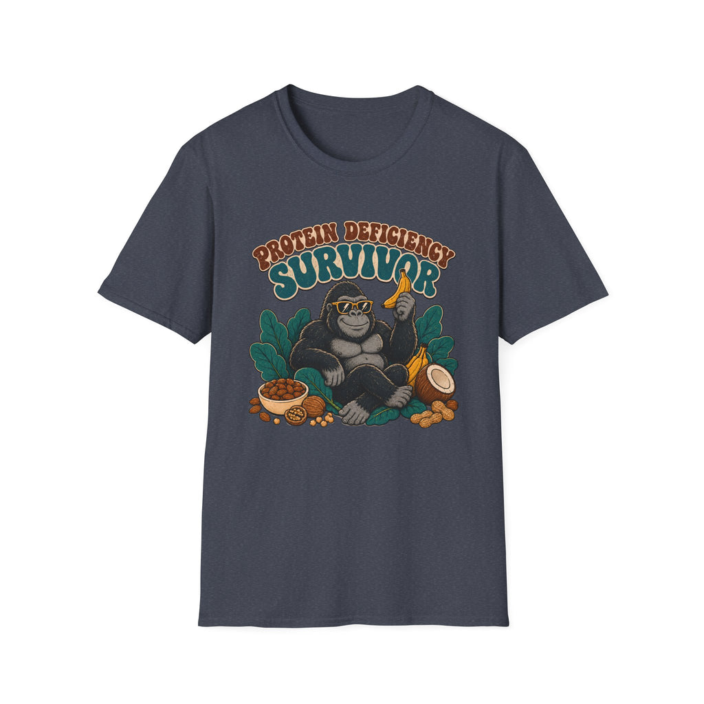 A blue short-sleeve crewneck t-shirt featuring a graphic of a gorilla wearing sunglasses and holding a banana, surrounded by text that reads 'PROTEIN DEFICITY SURVIVOR' and tropical elements like leaves, a coconut, and nuts.
