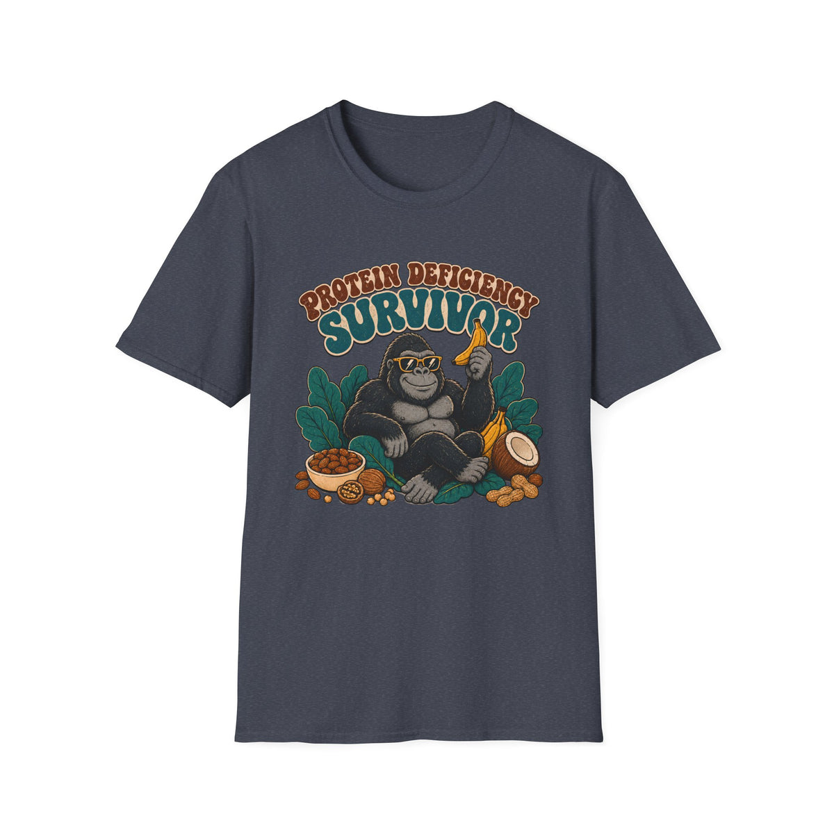 A blue short-sleeve crewneck t-shirt featuring a graphic of a gorilla wearing sunglasses and holding a banana, surrounded by text that reads 'PROTEIN DEFICITY SURVIVOR' and tropical elements like leaves, a coconut, and nuts.