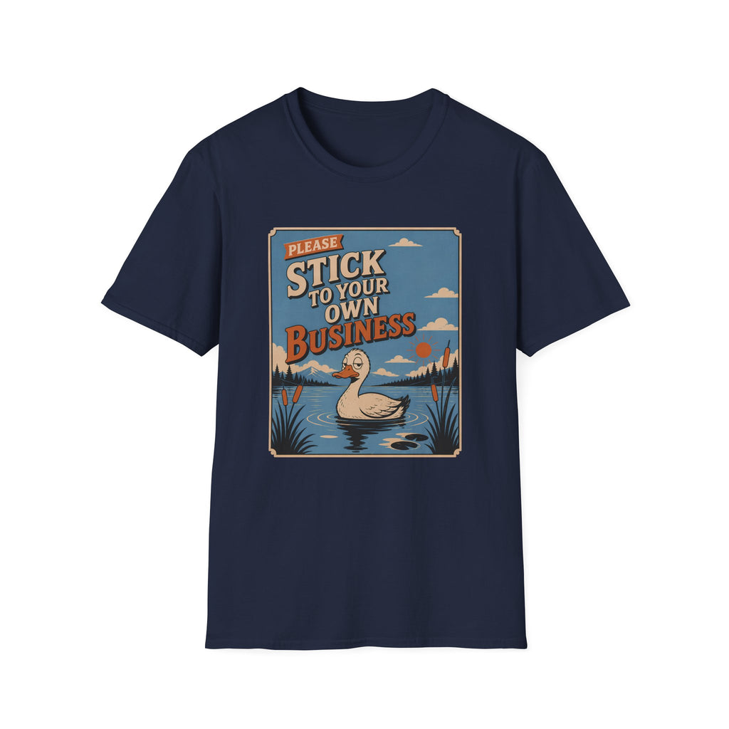 Navy blue short-sleeve crewneck t-shirt featuring a retro-style graphic print on the front. The graphic shows a white goose swimming in a pond with the text 'PLEASE STICK TO YOUR OWN BUSINESS' in stylized cream and orange lettering.