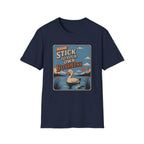 Navy blue short-sleeve crewneck t-shirt featuring a retro-style graphic print on the front. The graphic shows a white goose swimming in a pond with the text 'PLEASE STICK TO YOUR OWN BUSINESS' in stylized cream and orange lettering.