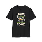 Black short-sleeve crewneck t-shirt featuring a cartoon graphic of a bowl of ramen wearing sunglasses and waving, with the text 'I BRING MY OWN FOOD' printed on the front.