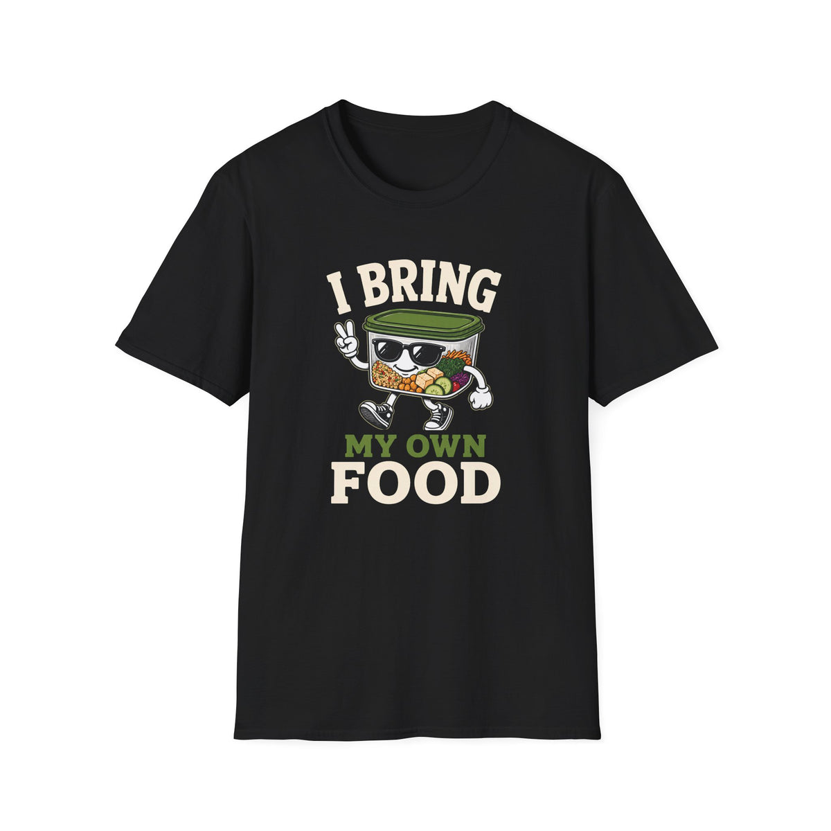 Black short-sleeve crewneck t-shirt featuring a cartoon graphic of a bowl of ramen wearing sunglasses and waving, with the text 'I BRING MY OWN FOOD' printed on the front.