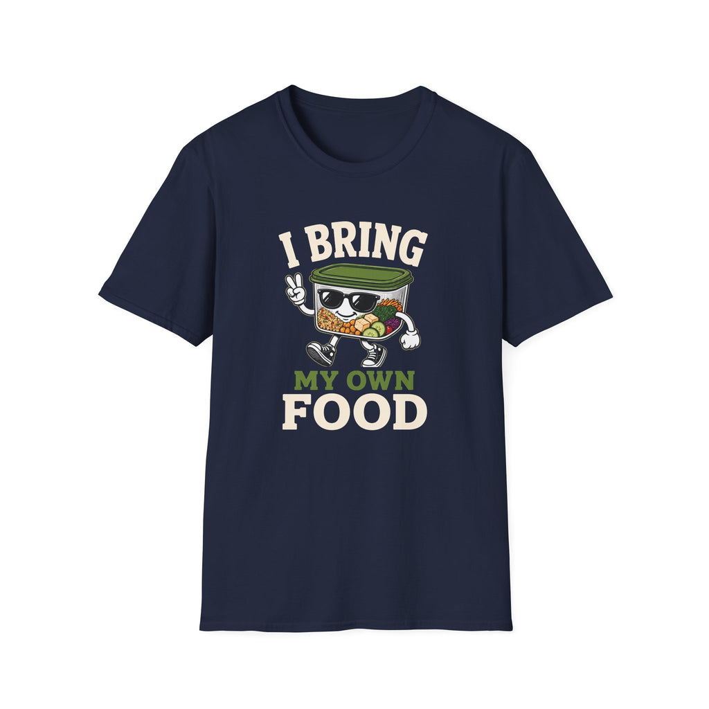 A navy blue short-sleeve crewneck t-shirt with a graphic on the front. The graphic features a cartoon takeout container character wearing sunglasses and dancing, with the text 'I BRING MY OWN FOOD' in white and green lettering.