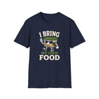 A navy blue short-sleeve crewneck t-shirt with a graphic on the front. The graphic features a cartoon takeout container character wearing sunglasses and dancing, with the text 'I BRING MY OWN FOOD' in white and green lettering.