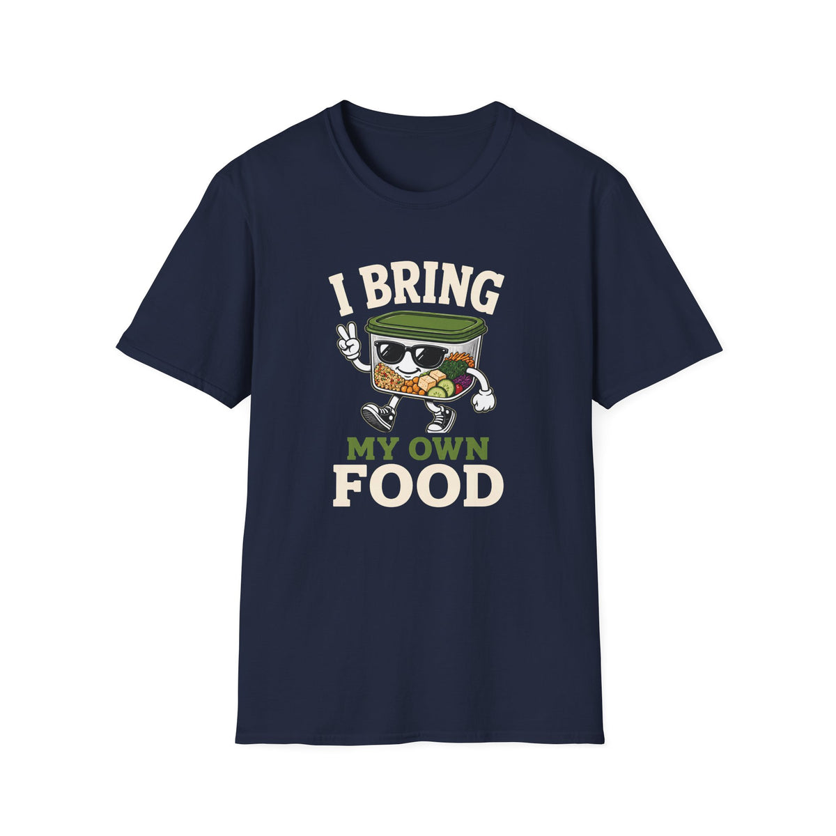 A navy blue short-sleeve crewneck t-shirt with a graphic on the front. The graphic features a cartoon takeout container character wearing sunglasses and dancing, with the text 'I BRING MY OWN FOOD' in white and green lettering.