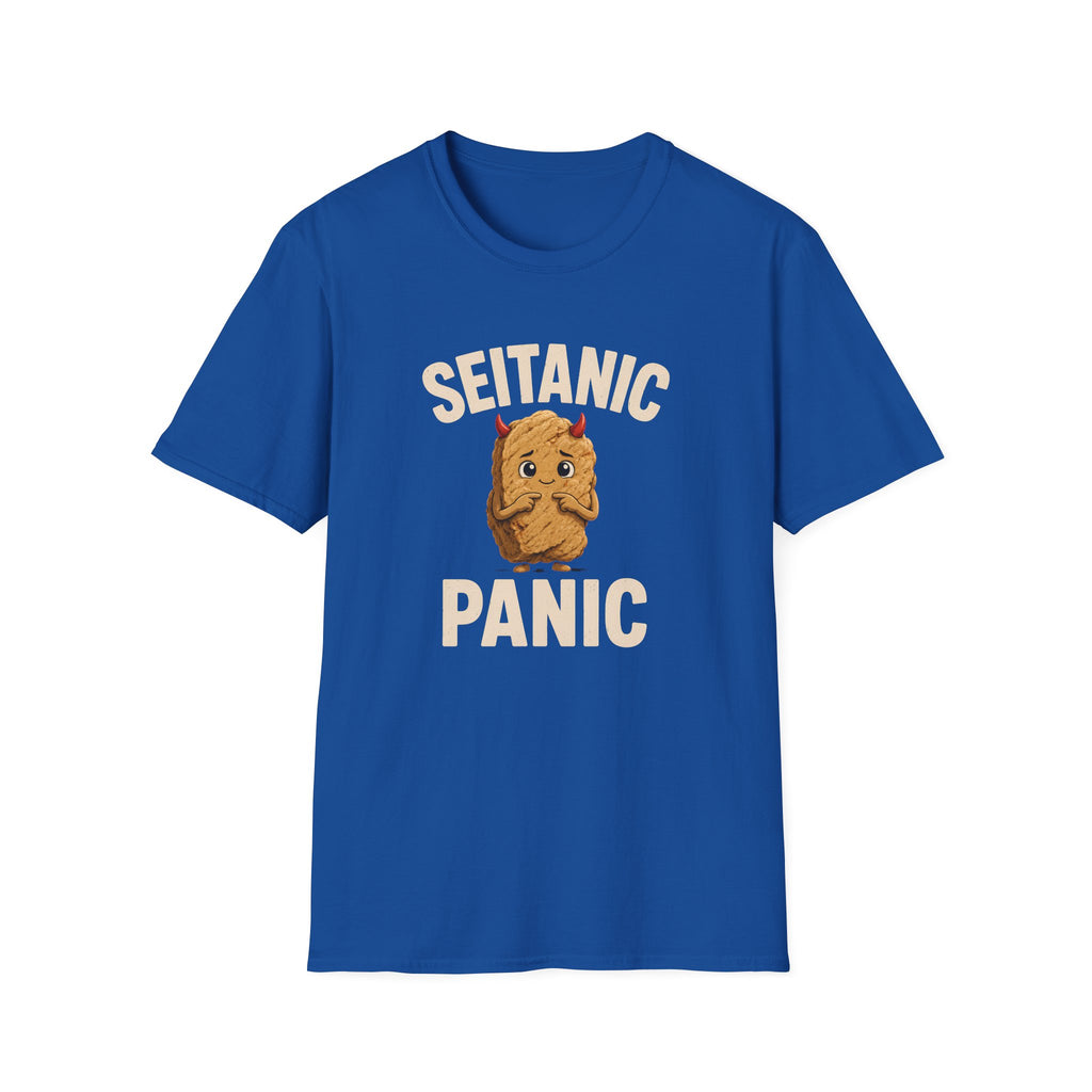 Blue t-shirt with 'Seitanic Panic' text and cartoon character on a white background