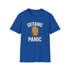 Blue t-shirt with 'Seitanic Panic' text and cartoon character on a white background