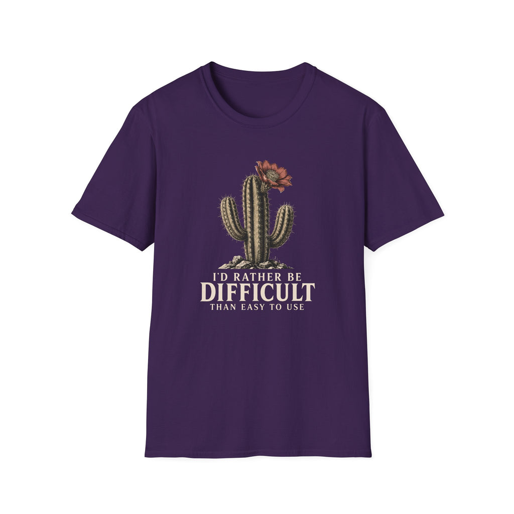 Purple short-sleeve crewneck t-shirt featuring a graphic of a cactus with a flower and the text 'I'D RATHER BE DIFFICULT THAN EASY TO USE' printed on the front, displayed against a solid white background.