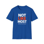Blue t-shirt with text 'NOT LIKE MOST different by choice' on a white background