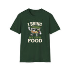 Forest green short-sleeve crewneck t-shirt featuring a cartoon graphic of a bowl of ramen wearing sunglasses and waving, with the text 'I BRING MY OWN FOOD' printed on the front.
