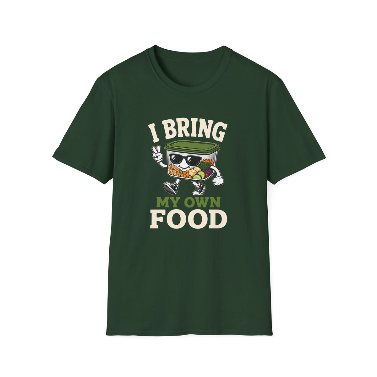 Forest green short-sleeve crewneck t-shirt featuring a cartoon graphic of a bowl of ramen wearing sunglasses and waving, with the text 'I BRING MY OWN FOOD' printed on the front.