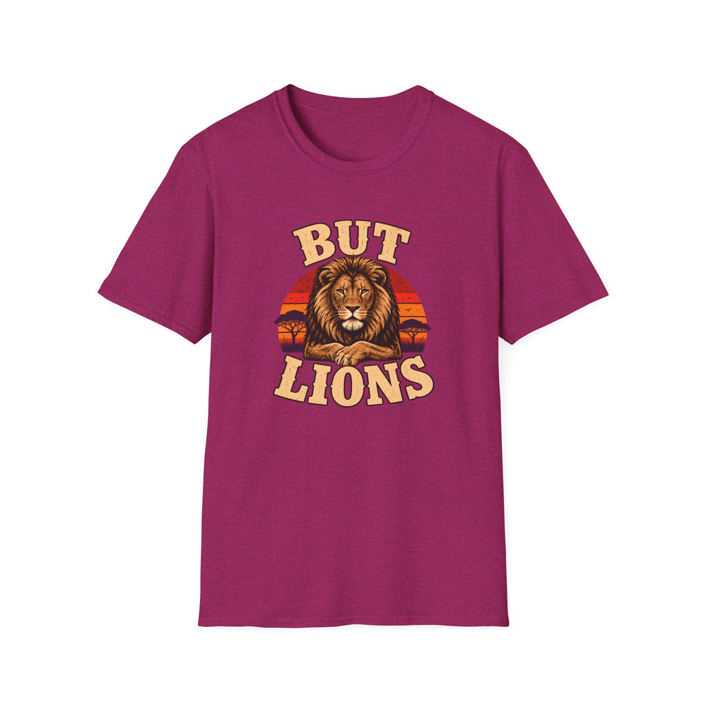 A heathered magenta short-sleeve t-shirt with a graphic of a lion's face and the text 'BUT LIONS' in a retro cream font, set against a plain white background.