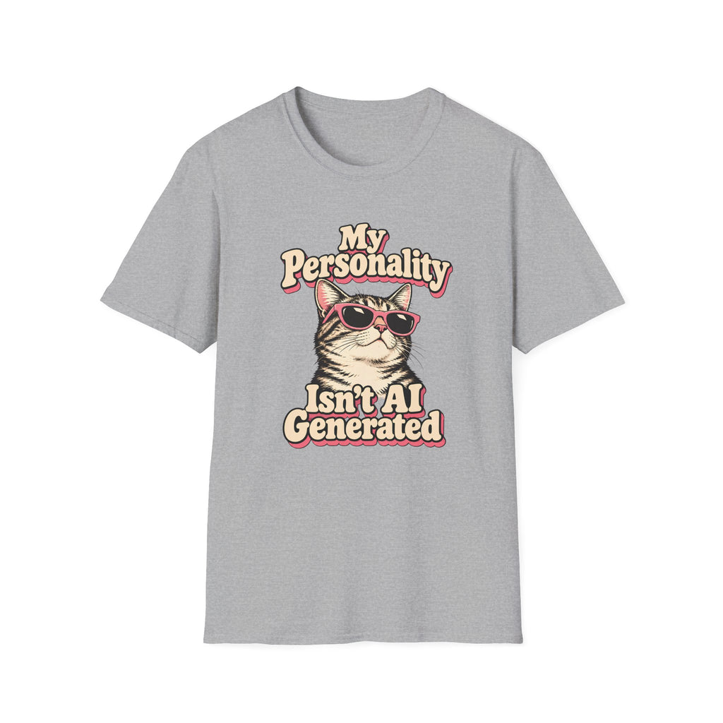 Retro graphic T-shirt design featuring a cool cat in pink sunglasses with the words “My Personality Isn’t AI Generated” in cream and pink lettering.