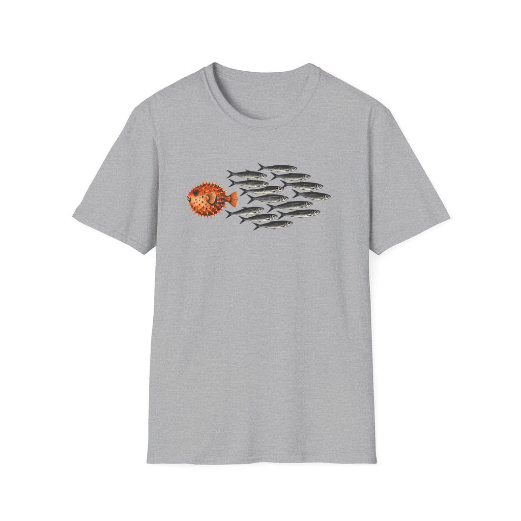grey Minimal graphic design featuring a bold orange pufferfish swimming in the opposite direction of a school of black sardines on a plain background.