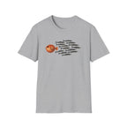 grey Minimal graphic design featuring a bold orange pufferfish swimming in the opposite direction of a school of black sardines on a plain background.