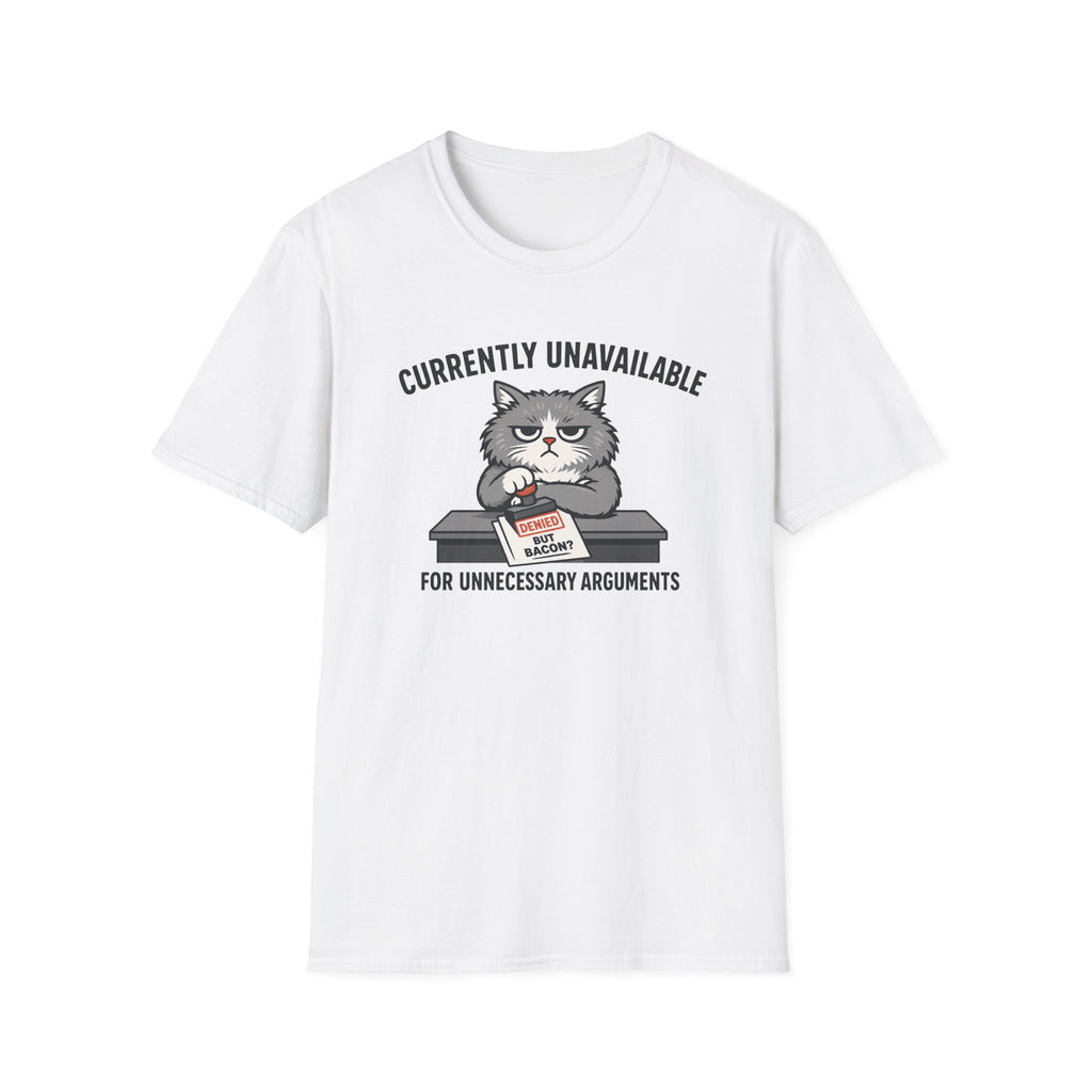 White t-shirt with a graphic of a cat and text on a white background
