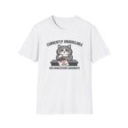 White t-shirt with a graphic of a cat and text on a white background
