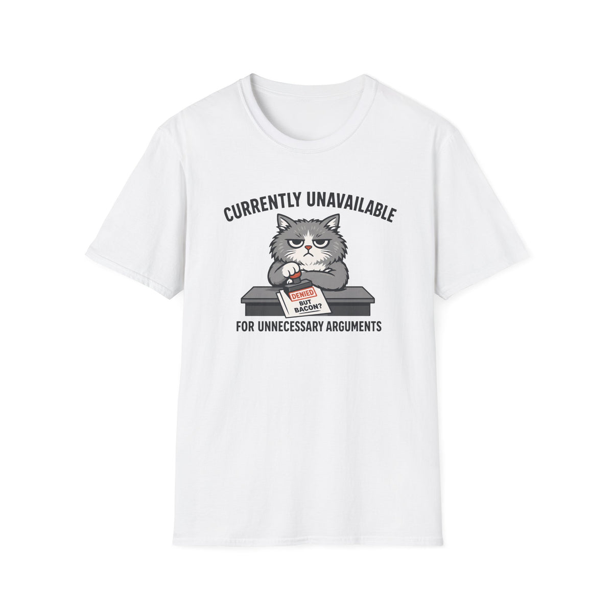 White t-shirt with a graphic of a cat and text on a white background