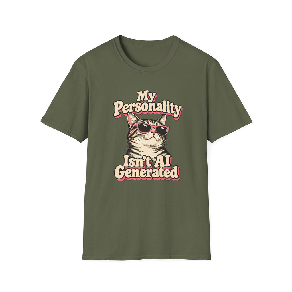 Retro graphic T-shirt design featuring a cool cat in pink sunglasses with the words “My Personality Isn’t AI Generated” in cream and pink lettering.