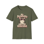 Retro graphic T-shirt design featuring a cool cat in pink sunglasses with the words “My Personality Isn’t AI Generated” in cream and pink lettering.