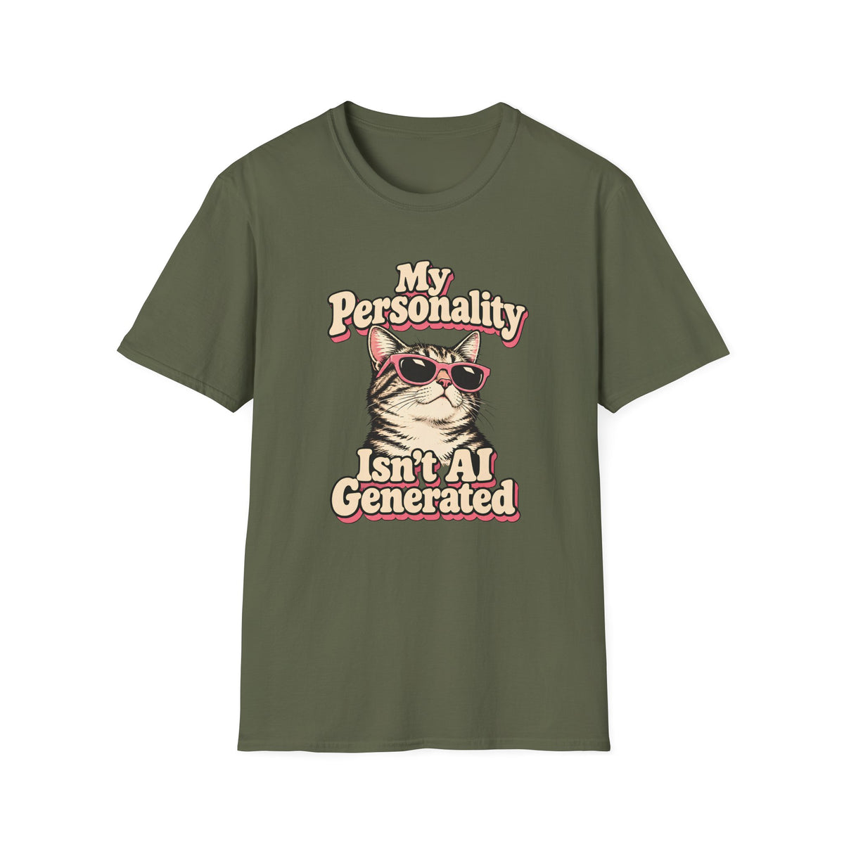 Retro graphic T-shirt design featuring a cool cat in pink sunglasses with the words “My Personality Isn’t AI Generated” in cream and pink lettering.