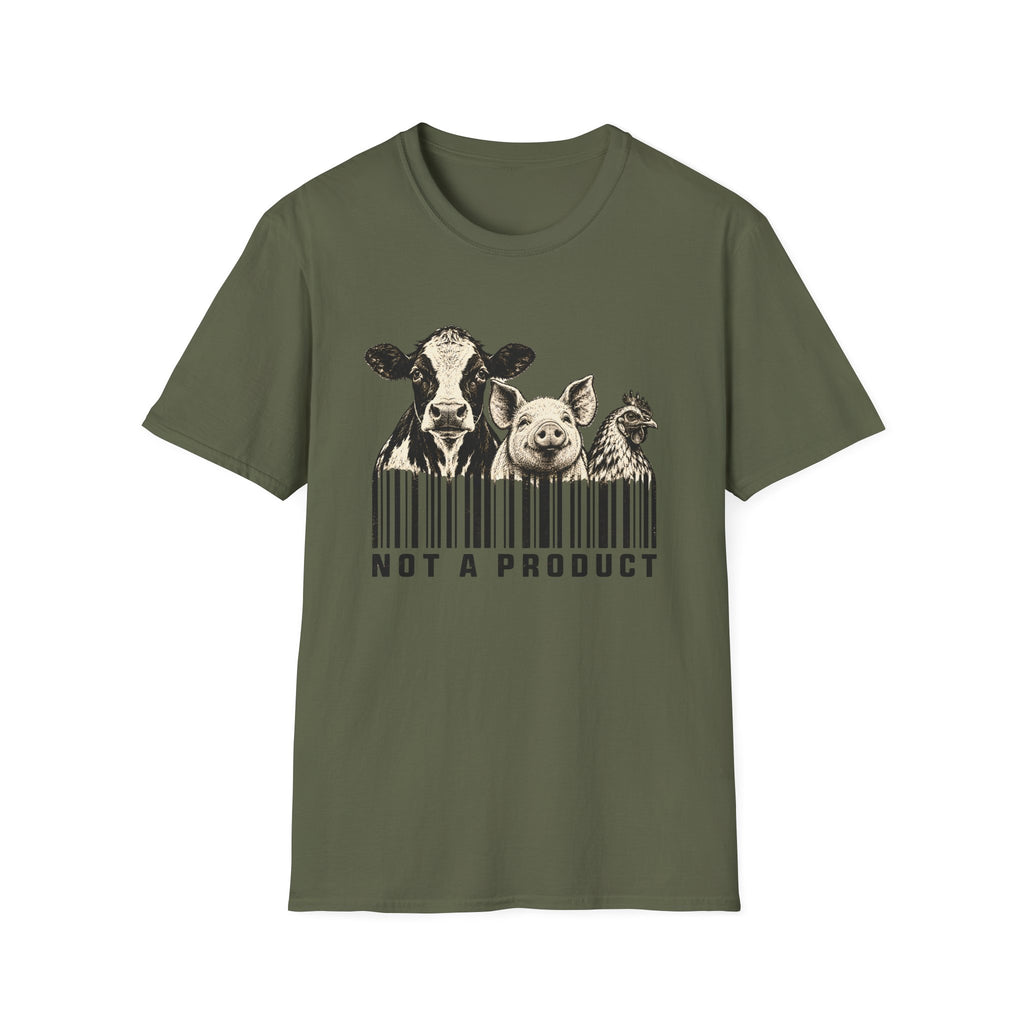 Military green vegan t-shirt Black and cream graphic featuring a cow, pig and chicken emerging from vertical barcode lines above the words “Not A Product.”