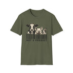 Military green vegan t-shirt Black and cream graphic featuring a cow, pig and chicken emerging from vertical barcode lines above the words “Not A Product.”