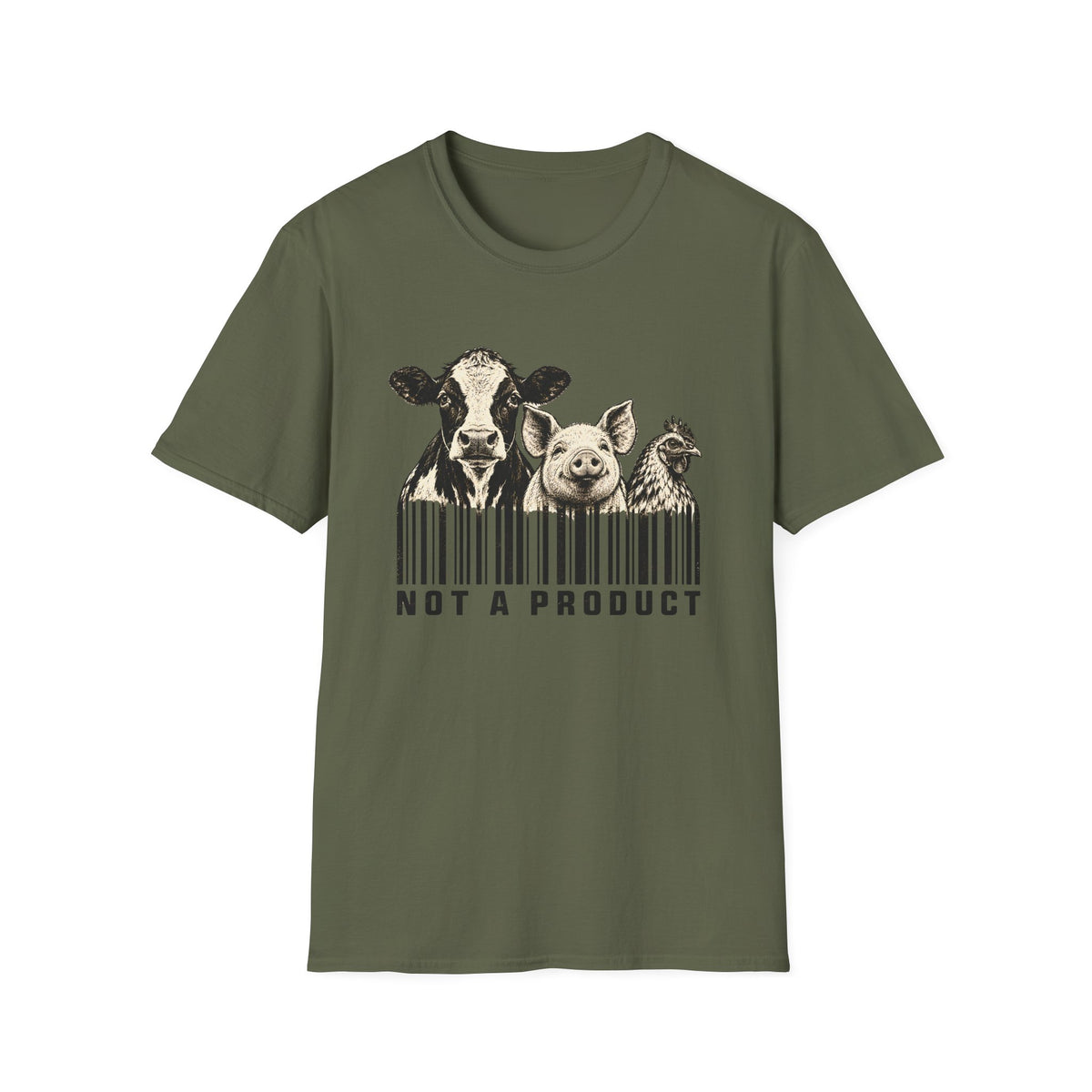 Military green vegan t-shirt Black and cream graphic featuring a cow, pig and chicken emerging from vertical barcode lines above the words “Not A Product.”