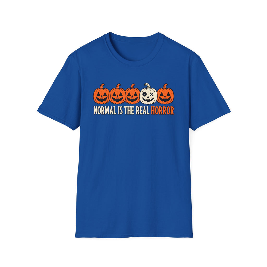 royal blue Graphic T-shirt design featuring five jack-o’-lanterns, with one white mismatched pumpkin standing out from four orange pumpkins, above the words “Normal Is the Real Horror.”