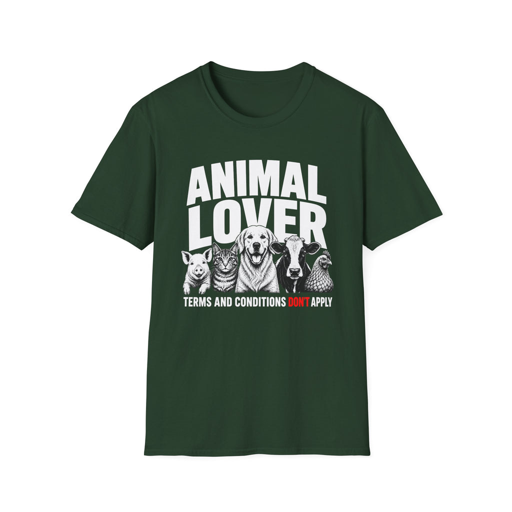 Green vegan t-shirt with animal graphic and text 'animal lover terms and conditions don't apply'