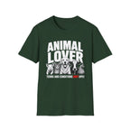 Green vegan t-shirt with animal graphic and text 'animal lover terms and conditions don't apply'