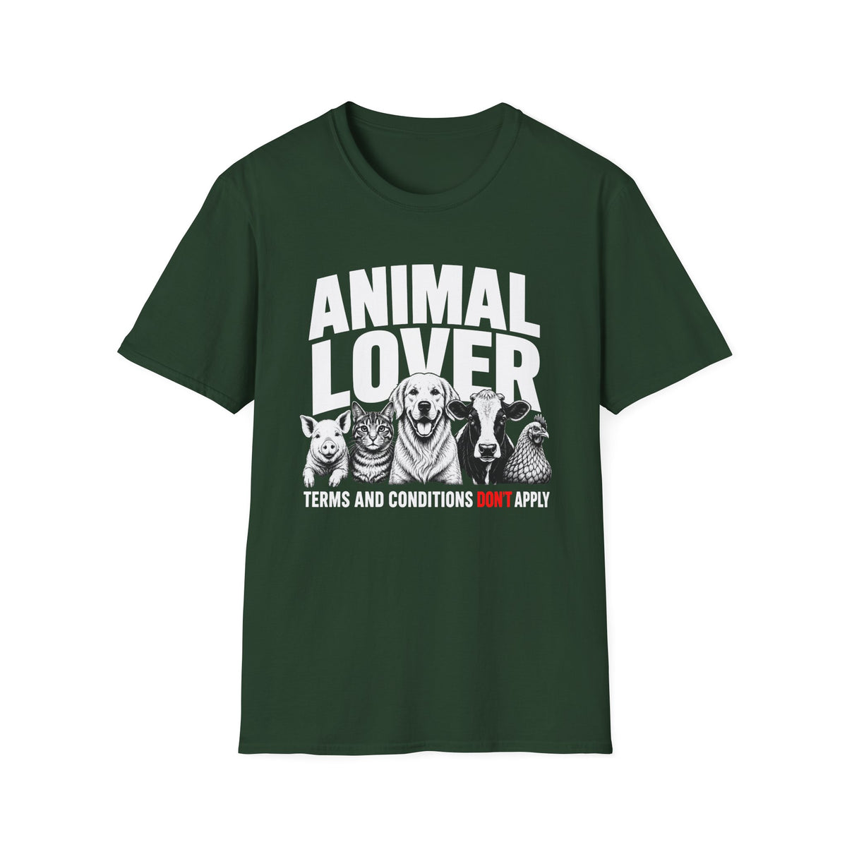 Green vegan t-shirt with animal graphic and text 'animal lover terms and conditions don't apply'