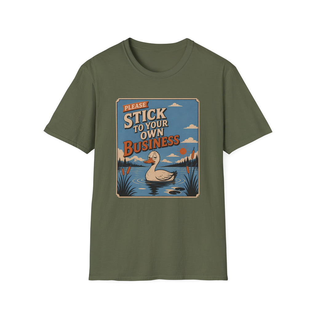 Military green short-sleeve crewneck t-shirt featuring a retro-style graphic print of a duck in a lake with the text 'PLEASE STICK TO YOUR OWN BUSINESS'.