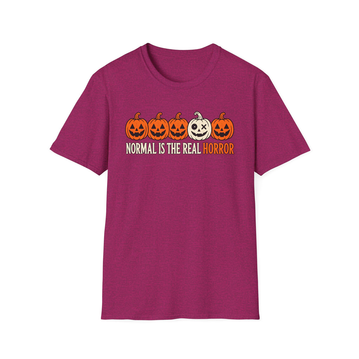 Pink Graphic T-shirt design featuring five jack-o’-lanterns, with one white mismatched pumpkin standing out from four orange pumpkins, above the words “Normal Is the Real Horror.”