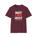 Maroon t-shirt with 'Not Like Most, different by choice' text on a white background