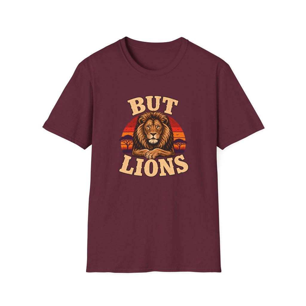 A maroon short-sleeve crewneck t-shirt featuring a retro-style graphic of a lion's face in front of a sunset, with the words 'BUT LIONS' printed in a distressed beige font.