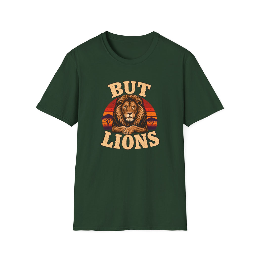 A dark green short-sleeve crewneck t-shirt featuring a retro-style graphic of a lion's face with the text 'BUT LIONS' in a distressed beige font, set against a plain white background.